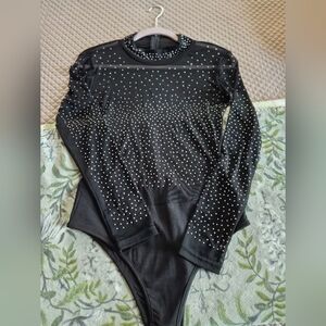 Black Long Sleeve Bodysuit with Rhinestones